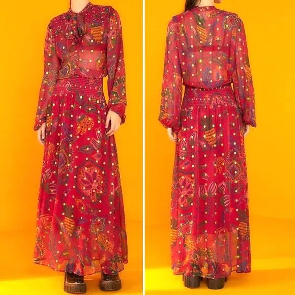 NWT Farm Rio Sunset Tapestry Floral Long Sleeve Boho Maxi Dress Warm Red Size XS - Image 3