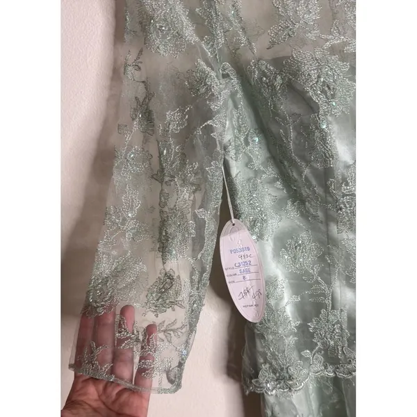 vtg Cassandra Stone Dress Womens 8 Sage Green Lace Gown Formal‎ Evening Beaded - Image 7