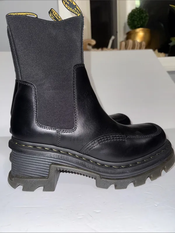 Dr. Martens Black Leather Platform Chelsea Boots with Yellow Pull Tab - Image 14