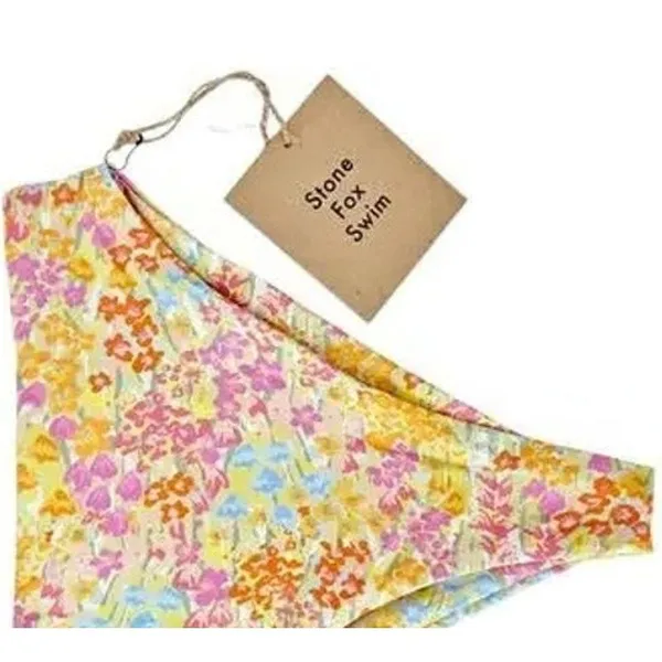 NWT Stone Fox Swim Sumatra Flower Fields High Waist Bikini Bottom XS Yellow Pink - Image 3