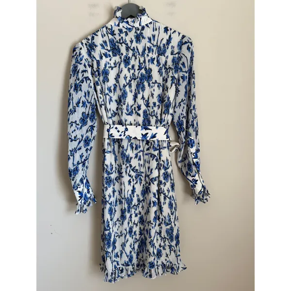 Tory Burch Shirt Dress Belted Sz 0 Blue White Floral Pleated Ruffle High Neck - Image 5