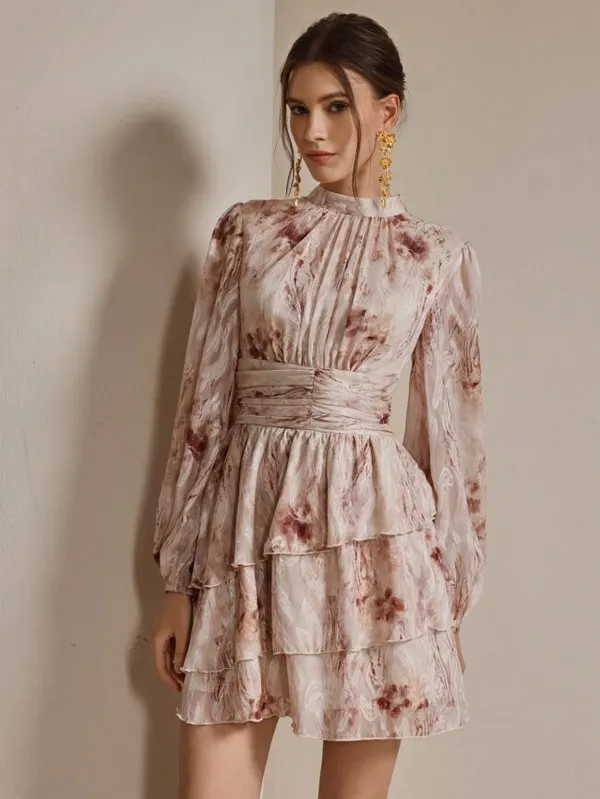 Women's Pink Floral Long-Sleeve Tiered Mini Dress - Image 2