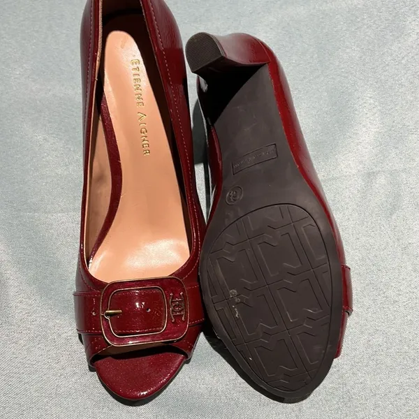 ETIENNE‎ AIGNER Dune Red Patent Vegan Open-Toe Heels Shoes Size 6.5M Buckles B42 - Image 10