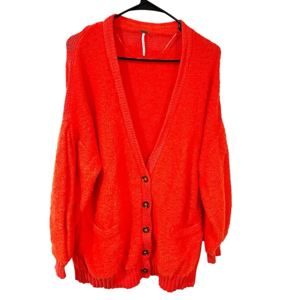 Free People Snow‎ Drop Over Sized Cardigan Orange V Neck Sweater Size Small - Image 3