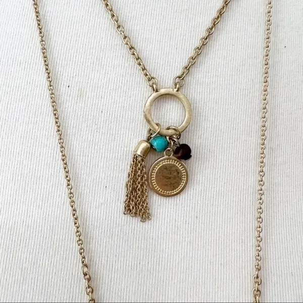 NY Collection Layered Necklace w/ Moon, Coin, Tassel, Turquoise Colored Stone Witchcore - Image 2