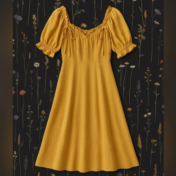 👗🌺Anthropologie Yellow Midi Dress M 6 8 Boho Cottagecore Puff Sleeve Ruffle Trim - Image 6