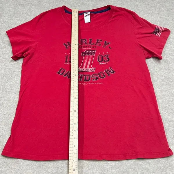 Harley Davidson Sauk Prairie WI Red Graphic T-Shirt Womens American‎ Flag Sleeve - Image 5
