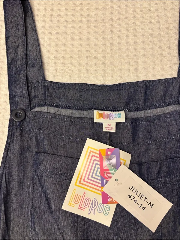 NEW! LuLaRoe JULIET Dark Blue Chambray Denim Overalls Jumpsuit Size MEDIUM - Image 2