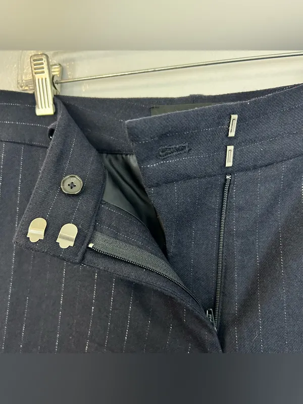 Equiptment Navy Blue Wool Blend Metallic Pinstripe Wide Leg Trouser Pants Sie 6 - Image 8