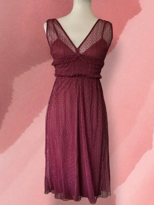 ZARA Burgundy Swiss Dot Mesh Midi Dress Small Sheer V-Neck Ruffle - Image 2