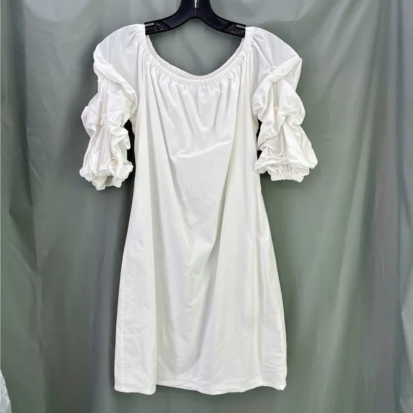 Sam and Jess WHITE Shift Dress Pearl Sleeves Midi On/Off Shoulder Preppy - Image 2
