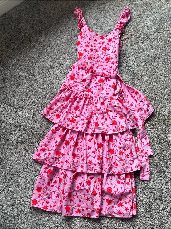 Likely Pink Floral Tiered Maxi Dress with Red Print - Image 3