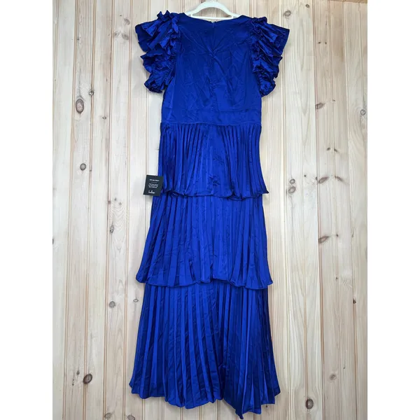 Lulus Stunning Desire Cobalt Blue Satin Pleated Tiered Midi Dress Wedding Medium - Image 5