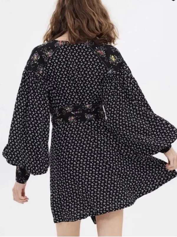 FREE‎ PEOPLE Wonderland Mini Dress Black Floral Mixed Pattern Tie Waist - Image 3
