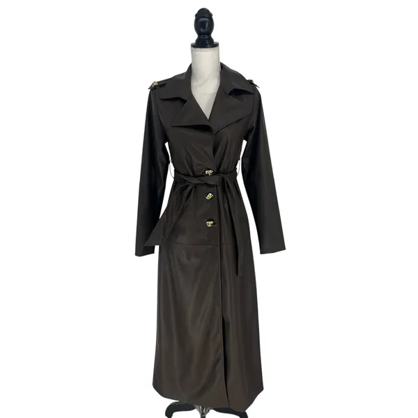 Wyld Blue Faux‎ Leather Trench Coat Dark Chocolate Size XS - Image 3
