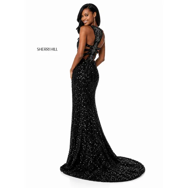 Sherri Hill 51430 Black Sequin Halter Gown Open Back High Slit‎ NWT Size 0 - Image 2