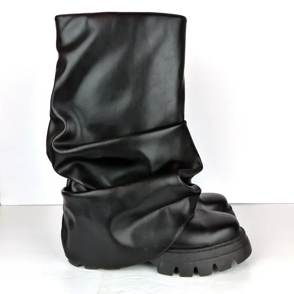 Azalea Wang Mate Boots Womens 11 Black Ruched Mid Calf Lug Sole Moto Y2K Gothic - Image 6