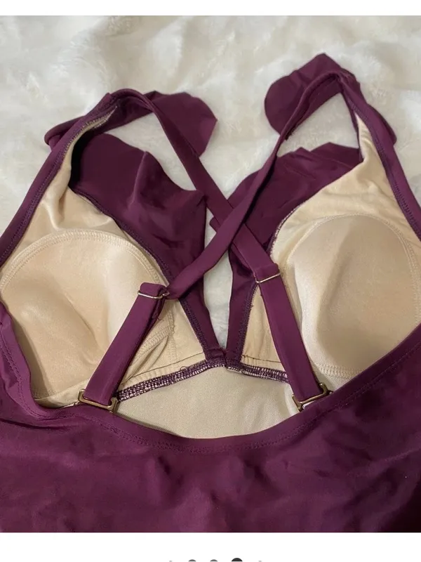 Kona Sol Deep Plum Ruffle V-Neck Shirred One-Piece Swimsuit | Size Large - Image 6