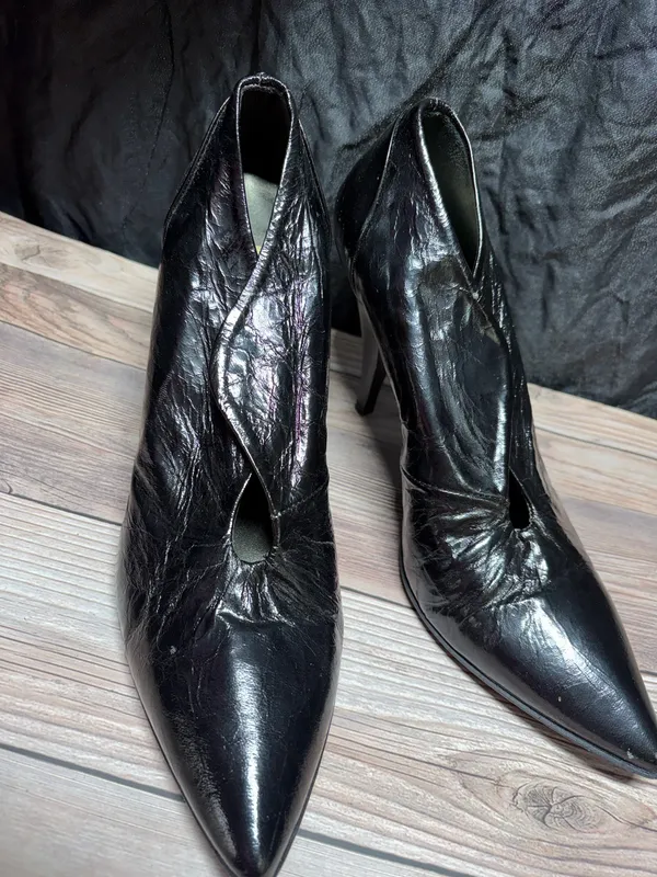 Womens Ankle Boots Black Metallic Slim Heels Leather 8 M - Image 3