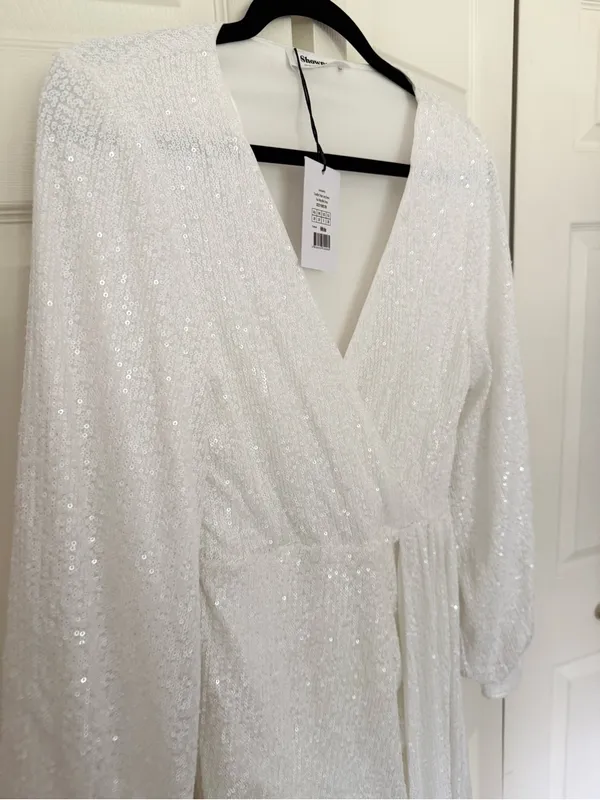 NWT Showpo Claudilyn Drape Long Sleeve Faux Wrap Mini Dress White Sequins US 6 - Image 8