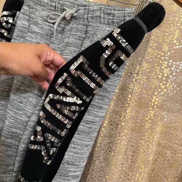 PINK Victoria's Secret Sequin Bling Logo Boyfriend Pant Sweatpants Gray Black La - Image 6