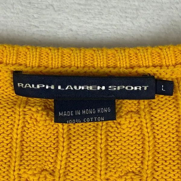 Ralph Lauren Sport Pony Logo Yellow Cable Knit V-Neck Cotton Sweater Sz‎ Large - Image 2
