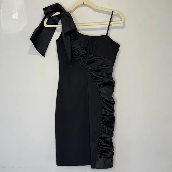 🍁 Faviana One Shoulder Bow Ruffle Stretch Mini Cocktail Party‎ Dress Sz 0 Black - Image 3