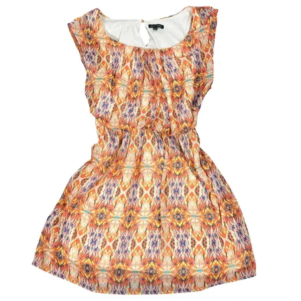 As You Wish Shift Dress Womens L Orange Abstract Print Chiffon Lined Cap Sleeve - Image 9