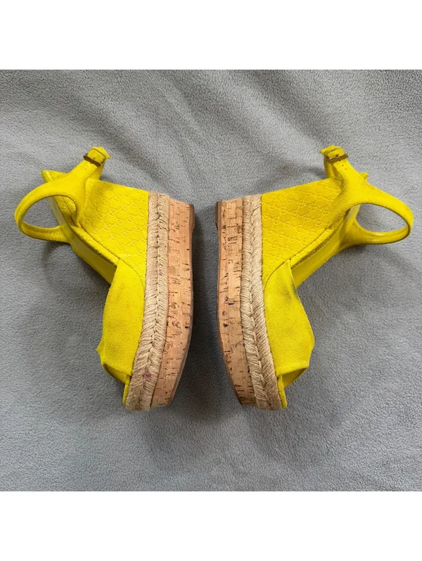 Gucci Microguccissima Yellow Suede Espadrille Platform Wedge Sandals 36.5 - Image 6