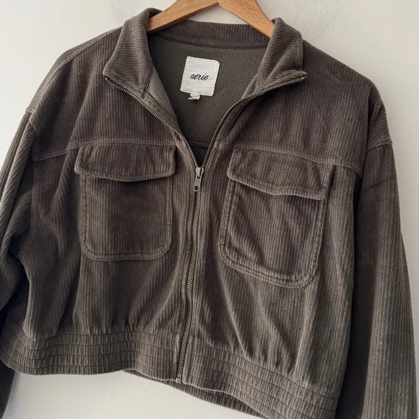 Aerie Olive Green‎ Corduroy Cropped Bomber Zip Up Jacket - Image 2
