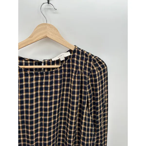 Loft Blue‎ Gold Shimmer Plaid Pleated Blouse Boho Peasant Rayon Women Large - Image 3
