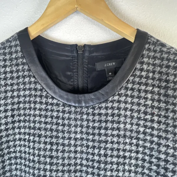J. Crew Houndstooth Mini Shift Dress Wool Leather Women’s 10 wedding guest - Image 4