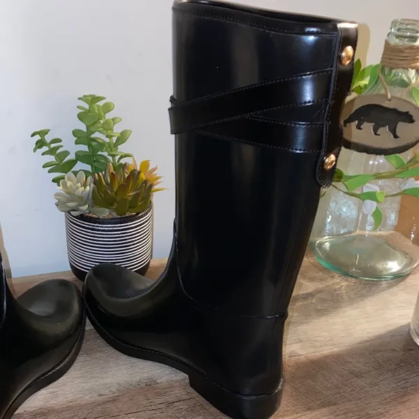 Coach Trisha Tall Rubber Rain Boots With Gold Buttons & Leather Size 9M - Image 11