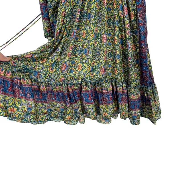 Boho Floral Silky V Neck Bell Sleeve Tiered Mini Dress Hippie Tassel‎ Festival - Image 3