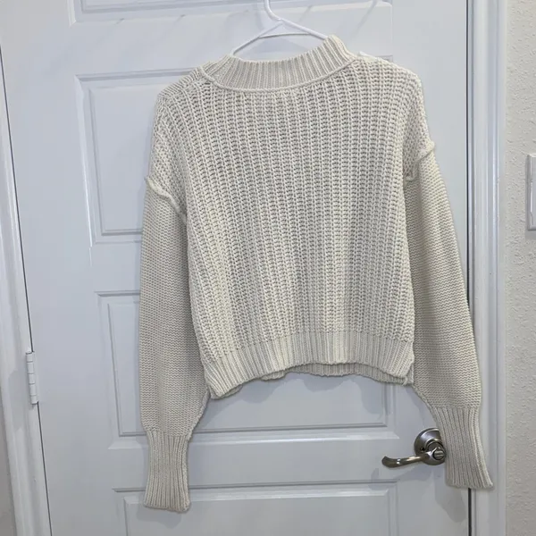 Free People Cream Knit Sweater Cropped Chunky Cotton Blend Boho Cozy Small - Image 3