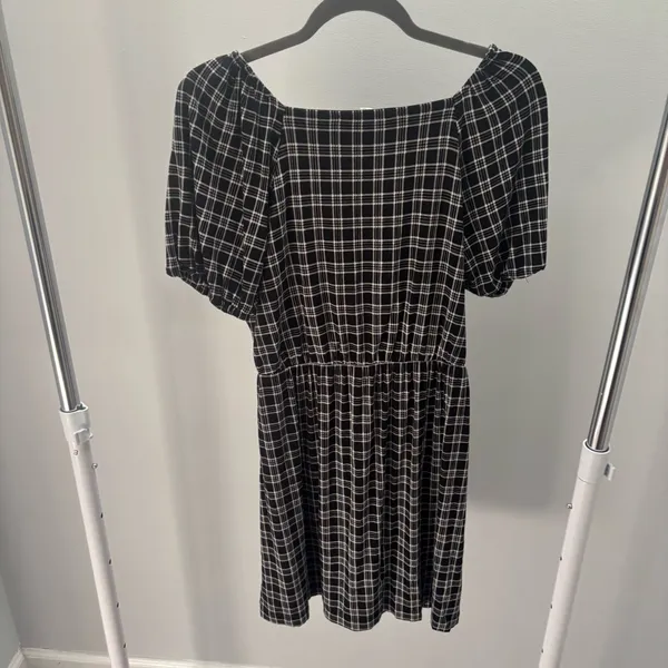 LOFT Black and White Plaid Surplice Dress - Image 8
