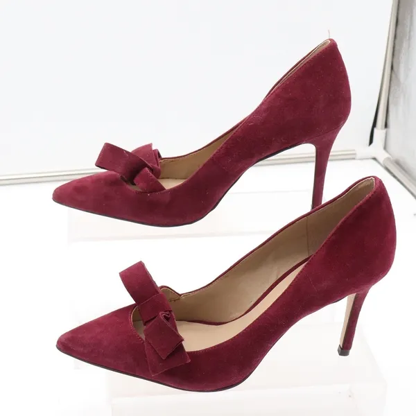 Ann Taylor Pumps Womens 9 Bow Pointed Toe Burgundy Suede Stiletto Good - Image 2