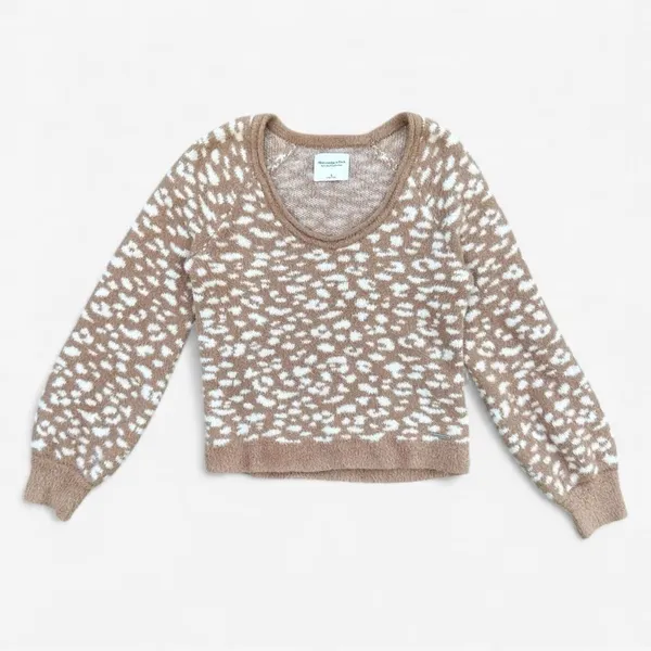 Abercrombie & Fitch Scoop Neck Sweater Women S Tan White Fuzzy Animal Print Cozy - Image 2