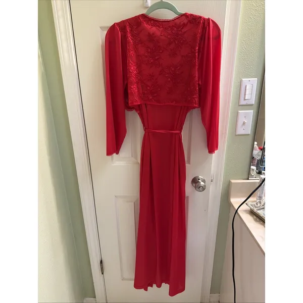 Vintage Samye Robe Red Nylon Lace Trim Pockets Lingerie Victorian‎ Romantic Sz M - Image 5