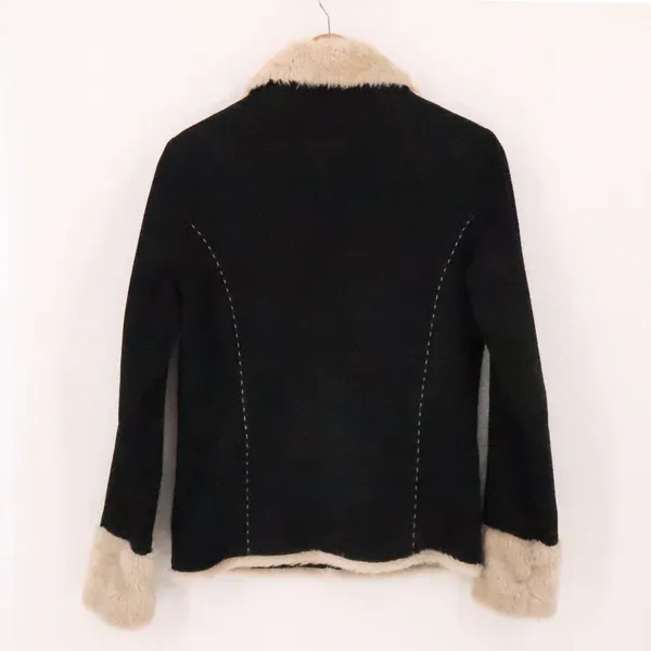 Cavalini Y2K Suede Leather Jacket Vintage Womens Size M‎ Black Faux Fur Trim - Image 3