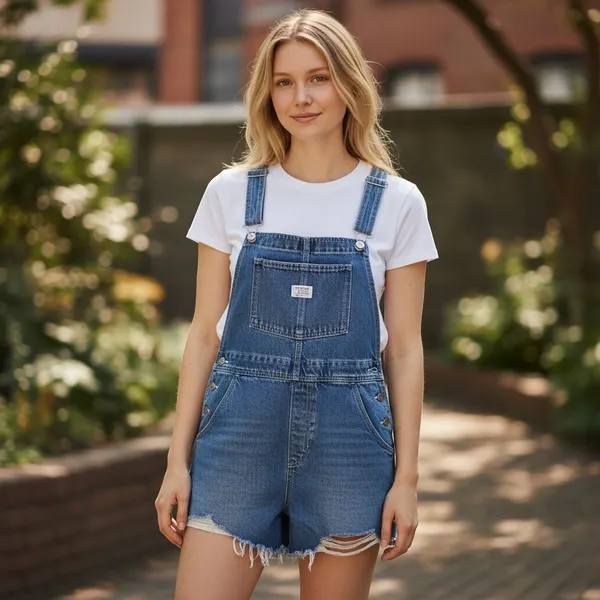 Levis Women's Medium Wash Denim Shortalls Distressed Raw Hem Romper Cut-offs Med - Image 3