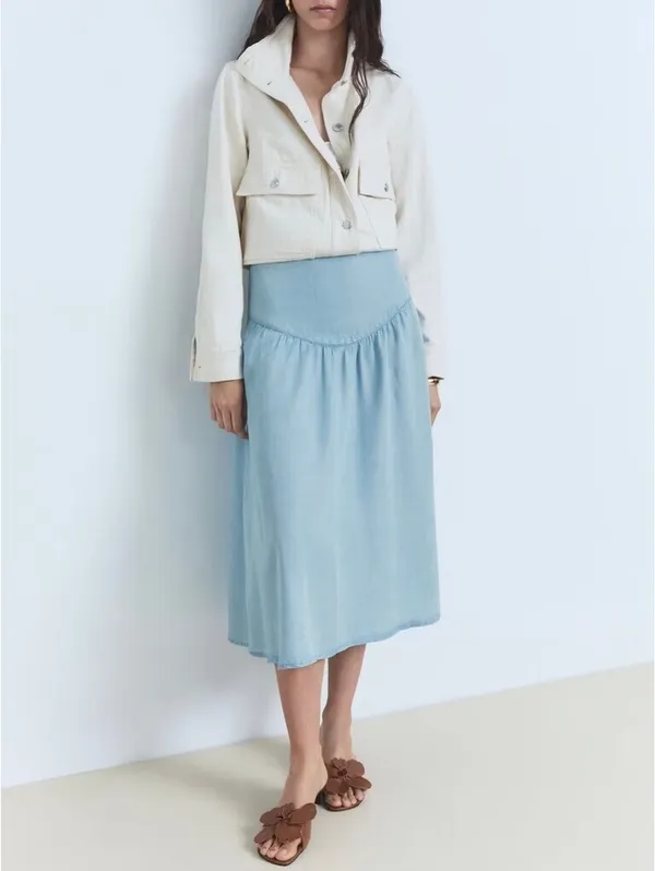 Mango Soft Denim Midi-Skirt with Gathered Detail NWT Haley Medium Blue XS - Image 3