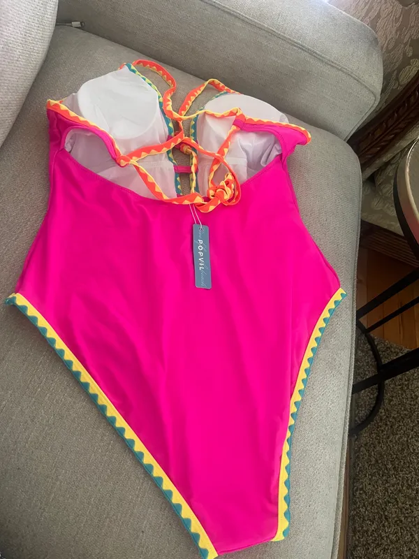 Popvil Women OnePiece Swimsuit Deep V Neck Neon Cute Bathing Suit Back Tie Swim Suits - Image 9