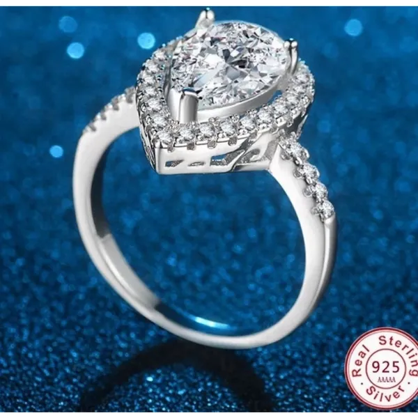 Boutique NEW Women's 3Ct Rhodium S925 Pear Halo‎ Teardrop Engagement Ring, Size 7 - Image 7