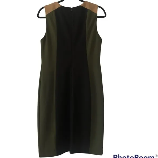 Premise Colorblock Sheath Shift Career Office Black Tan Moss Green Dress 8 - Image 4