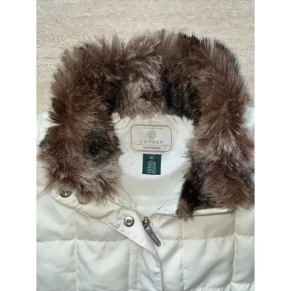 Lauren Ralph Lauren Womens Medium Vest Cream Quilted Fur Collar Full‎ Zip - Image 4