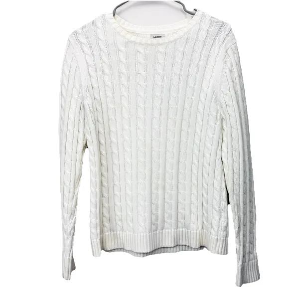LL Bean Ivory Pullover Cable Crew‎ Neck Long Sleeve Cotton Sweater Size MEDIUM - Image 4