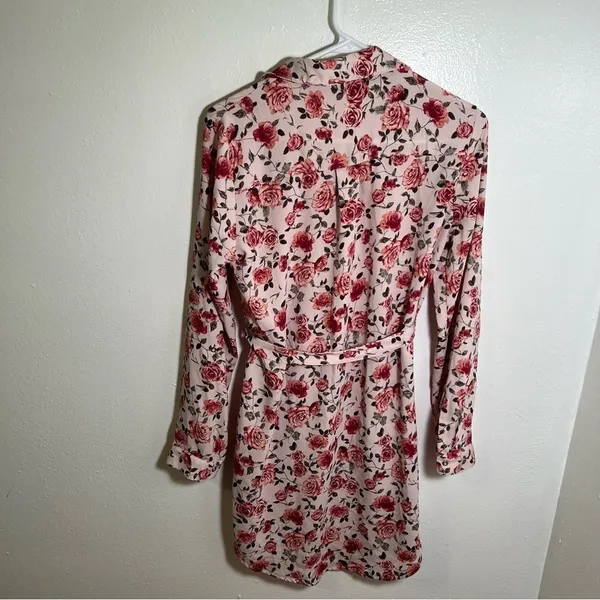 Women's‎ Button Down Shirt Dress Light Pink Rose Floral Belted Long Sleeve Roll - Image 9