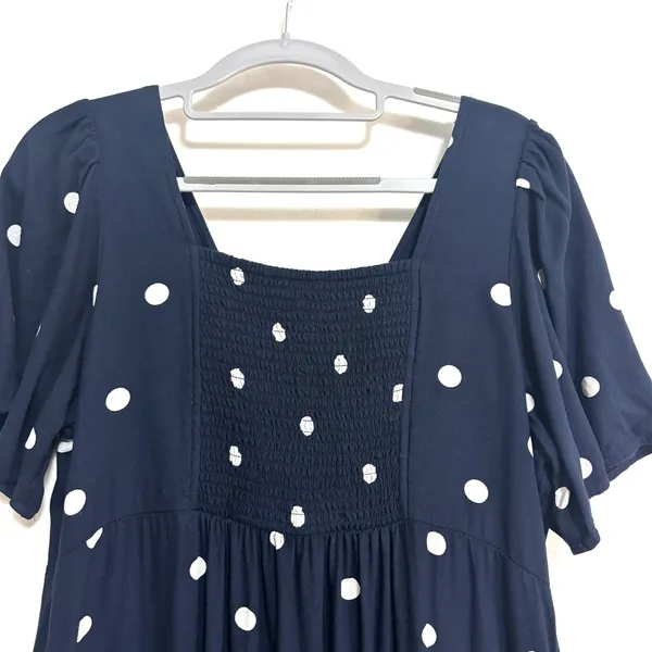 Old Navy Midi Dress Navy Polka Dot Button Front Smocked Modest Church Work Large - Image 8