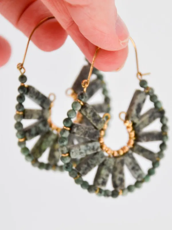 Anthropologie Green Stone Hoop Earrings Gold Toned - Image 2